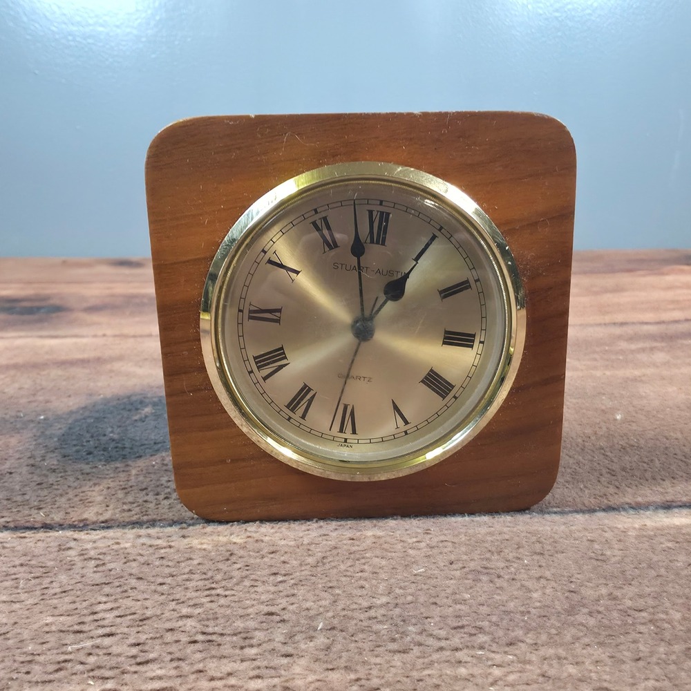 Stuart Austin Desk Clock OS Brown Good Wood Block Roman Numeral Quartz